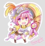  1girl :d aiguillette armor black_shorts boomerang boots brown_footwear character_name chibi feathers flower_knight_girl full_body grey_background helmet huge_weapon knee_boots looking_at_viewer medal navel open_mouth pink_eyes pink_hair rhodanthe_(flower_knight_girl) sample satou_satoru shirt short_hair shorts simple_background smile solo weapon yellow_shirt 
