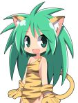  1girl :d animal_ears animal_print bangs bare_shoulders blush cham_cham collarbone commentary_request covered_navel eyebrows_visible_through_hair fang gloves green_eyes green_hair hair_between_eyes long_hair open_mouth osaragi_mitama paw_gloves paws samurai_spirits simple_background smile solo tail tiger_ears tiger_girl tiger_print tiger_tail very_long_hair white_background 