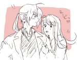  !! 1boy 1girl :d blush commentary edward_elric eyebrows_visible_through_hair fullmetal_alchemist happy heart height_difference hetero long_hair looking_at_another lowres monochrome open_mouth pink_background ponytail riru simple_background smile translation_request winry_rockbell 