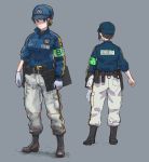  1girl belt black_footwear blue_eyes blue_hat blue_jacket boots brown_hair clipboard commentary_request contrapposto genso gloves grey_background hat holding holster jacket long_sleeves multiple_views original pants police police_uniform policewoman ponytail pouch simple_background standing sweater uniform walkie-talkie watch watch white_gloves 