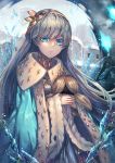  1girl anastasia_(fate/grand_order) bangs blue_eyes cape castle clouds cloudy_sky crown doll dress fate/grand_order fate_(series) hairband highres holding holding_doll ice jewelry long_hair looking_at_viewer mini_crown outdoors raymond_busujima royal_robe silver_hair sky snow solo standing very_long_hair winter 