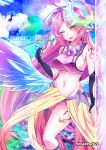  1girl ;p angel_wings artist_name breasts cross edwardjsus feathered_wings gloves gradient_hair halo jibril_(no_game_no_life) large_breasts long_hair low_wings magic_circle midriff mismatched_legwear multicolored_hair navel no_game_no_life one_eye_closed pink_hair sideboob solo symbol-shaped_pupils tattoo tongue tongue_out very_long_hair watermark web_address wing_ears wings yellow_eyes 