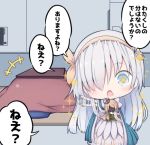  +++ +_+ 1girl :o afterimage anastasia_(fate/grand_order) bangs beni_shake blue_cloak blue_eyes blush brown_hairband brown_ribbon cloak commentary_request dress eyebrows_visible_through_hair fate/grand_order fate_(series) hair_over_one_eye hair_ribbon hairband holding indoors kotatsu light_brown_hair long_hair looking_at_viewer lowres open_mouth outstretched_arm pointing ribbon royal_robe silver_hair solo sparkle table translation_request very_long_hair white_dress 
