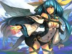 1girl bare_shoulders black_panties blue_background blue_hair bow breasts commentary_request contrapposto cowboy_shot detached_collar detached_sleeves dizzy guilty_gear hair_bow hankuri large_bow long_hair long_sleeves looking_to_the_side low-tied_long_hair medium_breasts panties parted_lips red_eyes solo standing tail twintails underwear wings yellow_bow