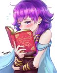  1girl bare_shoulders blush book cape dress embarrassed fire_emblem fire_emblem:_seima_no_kouseki gloves highres holding holding_book ippers lute_(fire_emblem) open_book purple_hair reading short_hair solo twintails violet_eyes wrist_cuffs 