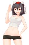  1girl :d arm_up bangs bare_arms bike_shorts bike_shorts_pull black_hair breasts cleavage cowboy_shot crop_top eyebrows_visible_through_hair hair_between_eyes hat looking_at_viewer medium_breasts miyo_(ranthath) navel open_mouth pom_pom_(clothes) pulled_by_self red_eyes red_hat shameimaru_aya simple_background smile solo tokin_hat touhou white_background 