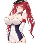  1girl azur_lane bangs black_ribbon blush breasts cleavage commentary_request elbow_gloves eyebrows_visible_through_hair gbsn gloves hair_ribbon hat highres honolulu_(azur_lane) huge_breasts long_hair looking_at_viewer peaked_cap red_eyes redhead ribbon solo twintails white_gloves 