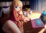  1girl ahoge ass bag bed blonde_hair blue_eyes blush_stickers bowl commentary computer cup curtains disposable_cup dkoro drinking english_commentary gabriel_dropout highres jacket juice_box laptop long_hair long_sleeves looking_back lying messy_hair mouse_(computer) on_floor on_side panties plastic_bag revision signature solo tenma_gabriel_white thighs track_jacket twitter_username underwear video_game white_panties wooden_floor 