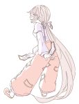  1girl absurdly_long_hair bow from_behind fujiwara_no_mokou full_body hair_bow holding juliet_sleeves long_hair long_sleeves miyo_(ranthath) ofuda ponytail profile puffy_sleeves shirt shoes simple_background solo standing touhou very_long_hair white_background white_shirt 