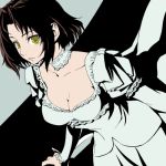  1girl baccano! black_hair breasts chane_laforet cleavage commentary_request dress juliet_sleeves long_sleeves medium_breasts oto_nagi puffy_sleeves short_hair sidelocks solo white_dress yellow_eyes 