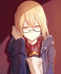  :o adjusting_hair artoria_pendragon_(all) bangs black-framed_eyewear blonde_hair blush fate/grand_order fate_(series) food food_on_face glasses highres jacket light long_sleeves looking_at_viewer medium_hair mysterious_heroine_x_(alter) open_clothes open_jacket parted_lips purple_jacket red_background red_scarf scarf semi-rimless_eyewear steam sweet_potato under-rim_eyewear wrapper xing_muhen yellow_eyes 