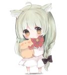  1girl ahoge akashi_(azur_lane) animal_ears azur_lane bangs barefoot bell black_bow blush bow braid brown_eyes cat_ears chibi closed_mouth commentary_request cottontailtokki dress eyebrows_visible_through_hair full_body green_hair hair_between_eyes hair_bow holding jingle_bell long_hair long_sleeves red_bow smile solo standing very_long_hair white_background white_dress wide_sleeves 