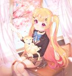  1girl absurdres ahoge animal azur_lane bangs bell black_blazer black_choker blazer blonde_hair blue_bow blush bow brown_skirt cat choker closed_mouth collared_shirt commentary_request curtains day desk eldridge_(azur_lane) eyebrows_visible_through_hair facial_mark flower gradient_hair hair_ornament hairclip highres holding holding_animal holding_cat holding_paper indoors jacket jingle_bell kneehighs long_hair long_sleeves looking_at_viewer multicolored_hair on_desk open_window paper petals pink_flower purple_hair reel37891 school_desk school_uniform shirt sitting sitting_on_desk skirt solo sunlight torn_paper two_side_up very_long_hair violet_eyes white_legwear white_shirt 