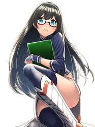  &gt;:( 1girl ainu_clothes bangs black-framed_eyewear black_hair black_legwear blue_legwear blush bow bow_legwear clipboard commentary_request cosplay cropped_jacket glasses hair_between_eyes headband holding kamoi_(kantai_collection) kamoi_(kantai_collection)_(cosplay) kantai_collection kyon_(fuuran) long_hair long_sleeves looking_at_viewer no_panties ooyodo_(kantai_collection) semi-rimless_eyewear simple_background solo thigh-highs under-rim_eyewear very_long_hair white_background wrist_guards 