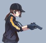  1girl baseball_cap black_gloves black_hat black_jacket blue_eyes brown_hair closed_mouth commentary_request earplugs from_side genso gloves grey_background gun handgun hat holding holding_gun holding_weapon jacket medium_hair original pistol ponytail profile simple_background sleeves_pushed_up solo trigger_discipline two-handed upper_body weapon 