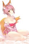  1girl animal_ears bare_shoulders barefoot blush breasts brown_eyes cleavage fate/grand_order fate_(series) highres large_breasts looking_at_viewer off_shoulder pink_hair short_hair sitting solo tail tamamo_(fate)_(all) tamamo_no_mae_(fate) tomozero 