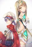  2girls armor bare_back blonde_hair blush breasts character_request commentary_request dress gloves highres hinot large_breasts long_hair looking_at_viewer mythra_(xenoblade) purple_hair short_hair simple_background smile thigh-highs white_background xenoblade_(series) xenoblade_2 yellow_eyes 