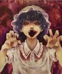  1girl bangs blue_hair creepy dress fangs fingernails hands_up hat looking_at_viewer meiji_(charisma_serve) mob_cap nail_polish nightmare_fuel open_mouth pointy_ears red_background red_eyes red_nails remilia_scarlet sharp_fingernails short_hair short_sleeves solo tongue tongue_out touhou vampire white_dress wing_collar 
