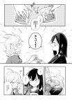  2girls absurdres alcohol azuma_aya comic dress greyscale hair_ribbon highres hotpot jacket long_sleeves maribel_hearn medium_hair monochrome multiple_girls neck_ribbon ribbon touhou track_jacket track_suit translation_request usami_renko wavy_hair 