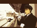  1boy black_hair copyright_request gloves graphite_(medium) ground_vehicle hat letterboxed looking_at_viewer mechanical_pencil necktie outdoors pencil pointing pointing_up railroad_tracks short_hair sketch solo tmch traditional_media train train_attendant train_station whistle 