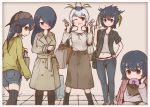  5girls alternate_costume bag baseball_cap black_hair blush boots casual coat commentary_request crop_top denim denim_shorts doughnut eating emperor_penguin_(kemono_friends) eyebrows_visible_through_hair food full-face_blush gentoo_penguin_(kemono_friends) hair_over_one_eye hand_on_hip hand_on_own_cheek hat headphones highlights highres hood hoodie humboldt_penguin_(kemono_friends) jacket jacket_on_shoulders jeans kemono_friends long_hair long_sleeves looking_at_viewer looking_back midriff multicolored_hair multiple_girls navel neck_ribbon one_eye_closed pants penguins_performance_project_(kemono_friends) red_eyes redhead ribbon rockhopper_penguin_(kemono_friends) royal_penguin_(kemono_friends) shopping_bag short_hair shorts skirt squatting suginakara_(user_ehfp8355 thigh-highs twintails v white_hair yellow_eyes 