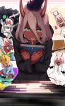  1girl apron backpack bag black_robe book candy chef_hat crying crying_with_eyes_open darling_in_the_franxx food green_eyes hair_between_eyes hat hews_hack highres hooded_robe horns kindergarten_uniform lollipop long_hair oni_horns petting pink_hair randoseru red_sclera red_skin school_uniform sharp_teeth spacesuit swirl_lollipop tears teeth zero_two_(darling_in_the_franxx) 