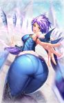  1girl ass bare_shoulders bent_over bodysuit breasts frostblade_irelia hips ice irelia league_of_legends leg_lift looking_at_viewer looking_back moonandmist outstretched_hand purple_hair red_eyes short_hair skin_tight snow solo thick_thighs thighs wide_hips 