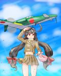  1girl ahoge aircraft brown_hair commentary_request fairy_(kantai_collection) google_glass hair_ribbon highres j7w_shinden kantai_collection long_hair looking_afar low_twintails midriff navel pilot_uniform red_eyes ribbon shan_zhu_feiyue shinden_(kantai_collection) sky solo twintails 