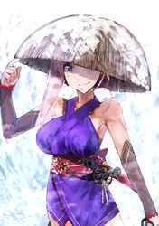  1girl arm_up bare_shoulders blue_eyes blush breasts bright_pupils closed_eyes cosaten cowboy_shot detached_sleeves earrings fate/grand_order fate_(series) hand_on_headwear holding holding_sword holding_weapon japanese_clothes jewelry kimono long_hair long_sleeves looking_at_viewer medium_breasts miyamoto_musashi_(fate/grand_order) obi pink_hair purple_kimono sash shaded_face short_kimono smile snow snowing solo standing sword tareme underbust unsheathed weapon winter 