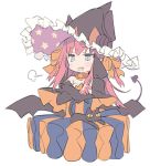  1girl :d animal bangs bare_shoulders black_cat black_hat black_wings blade_(galaxist) blue_eyes blush bow cat crossed_arms curled_horns demon_tail detached_sleeves dragon_horns dress elizabeth_bathory_(fate) elizabeth_bathory_(fate)_(all) eyebrows_visible_through_hair fang fate/extra fate/extra_ccc fate_(series) frilled_hat frills hair_between_eyes hair_bow hat horns horns_through_headwear jack-o&#039;-lantern long_hair long_sleeves looking_at_viewer low_wings multicolored multicolored_clothes multicolored_dress open_mouth orange_bow pink_hair print_hat simple_background smile solo star star_print striped tail upper_body vertical-striped_dress vertical_stripes very_long_hair white_background wings witch_hat 