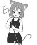  1girl animal_ears ass_visible_through_thighs bangs bare_arms bike_shorts blush cowboy_shot dowsing_rod eyebrows_visible_through_hair greyscale holding jewelry midriff miyo_(ranthath) monochrome mouse_ears mouse_tail nazrin necklace open_mouth short_hair simple_background sleeveless solo sweat tail touhou white_background 