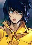  1girl absurdres blue_background blue_eyes blue_hair commentary_request ghost_in_the_shell hankuri highres jacket kusanagi_motoko looking_at_viewer parted_lips pink_lips short_hair solo upper_body wide-eyed yellow_jacket 