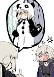  2girls ahoge anger_vein animal_costume artoria_pendragon_(all) bamboo banner black_shirt blank_eyes blush closed_mouth coat commentary embarrassed english_commentary fate/grand_order fate_(series) flying_sweatdrops full-face_blush fur_trim highres holding index_finger_raised jeanne_d&#039;arc_(alter)_(fate) jeanne_d&#039;arc_(fate)_(all) jewelry looking_at_another looking_at_viewer multiple_girls nanaya_(daaijianglin) necklace open_mouth panda_costume paws ponytail saber_alter shirt short_hair simple_background sparkle white_background yellow_eyes 