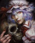  1girl bat_wings blue_hair dress holding_skull johnalay realistic red_eyes red_lips remilia_scarlet short_hair skull solo touhou traditional_media white_dress wings 