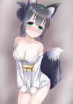  1girl 3: animal_ears black_hair blush breasts cleavage closed_mouth collarbone covering covering_crotch cowboy_shot embarrassed eyebrows_visible_through_hair folded_ponytail fox_ears fox_tail furrowed_eyebrows green_eyes gungun_(hakutou7887) hair_between_eyes head_tilt highres japanese_clothes kimono kimono_skirt large_breasts leaf leaf_on_head looking_at_viewer nose_blush obi off_shoulder sash short_hair solo tail tougou_mimori white_kimono yuuki_yuuna_wa_yuusha_de_aru yuusha_de_aru 