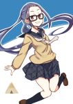  1girl black-framed_eyewear blue_hair blush brown_eyes glasses highres ichifuji_nitaka_(phase_nine) long_hair looking_at_viewer oogaki_chiaki pleated_skirt school_uniform serafuku skirt smile twintails yurucamp 