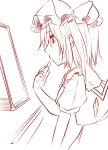  1girl bow eyebrows_visible_through_hair flandre_scarlet from_side hat hat_bow holding lipstick makeup mirror miyo_(ranthath) mob_cap monochrome profile short_hair short_sleeves simple_background solo sweat touhou white_background 