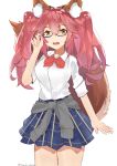  1girl absurdres animal_ears blush breasts clothes_around_waist fate/extella fate/extra fate/grand_order fate_(series) fox_ears fox_tail glasses highres jacket_around_waist large_breasts long_hair looking_at_viewer open_mouth pink_hair school_uniform shirt simple_background skirt smile solo tail tamamo_(fate)_(all) tamamo_jk_(fate) twintails white_background yellow_eyes yomogi_uehara8 