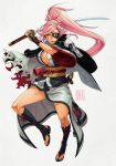  1girl amputee armor baiken boots breasts cleavage commentary facial_tattoo full_body guilty_gear guilty_gear_xrd highres holding holding_sword holding_weapon jacket_on_shoulders japanese_armor japanese_clothes kanta-kun kataginu katana kimono knee_boots kote large_breasts lips long_hair looking_at_viewer mouth_hold no_bra obi official_style one-eyed open_clothes open_kimono pink_eyes pink_hair sash scar scar_across_eye sheath solo straw_(stalk) sword tattoo toeless_boots weapon 