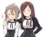  2girls :d ^_^ ange_(princess_principal) bangs black_dress black_jacket black_ribbon blush braid brown_hair closed_eyes dorothy_(princess_principal) dress eyebrows_visible_through_hair facing_viewer fingernails glasses grey_hair grin hair_between_eyes hair_ribbon jacket long_hair long_sleeves multiple_girls open_mouth princess_principal ribbon school_uniform shirt simple_background smile sorimachi-doufu white_background white_shirt 