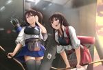  2girls akagi_(kantai_collection) arrow black_legwear blue_skirt blush bow_(weapon) brown_eyes brown_hair butter_curry closed_mouth eyebrows_visible_through_hair holding holding_bow_(weapon) holding_weapon kaga_(kantai_collection) kantai_collection long_hair looking_away multiple_girls open_mouth outdoors red_skirt side_ponytail skirt smile thigh-highs thighs weapon white_legwear 