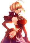  1girl :d ahoge ass backless_outfit bad_anatomy blush bow braid butt_crack dress epaulettes fate/grand_order fate_(series) green_eyes hair_between_eyes hair_bow hair_bun highres long_sleeves looking_at_viewer looking_back moe_(hamhamham) nero_claudius_(fate) nero_claudius_(fate)_(all) open-back_dress open_mouth puffy_sleeves red_bow red_dress saber_extra smile solo standing 