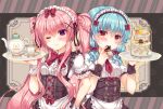  2girls ;) apron blue_hair blush bow breasts center_frills closed_mouth commentary_request cookie cup food frilled_apron frills hair_bow hair_ornament holding holding_food holding_tray lilia_chocolanne long_hair macaron maid multiple_girls necktie one_eye_closed original pink_hair puffy_short_sleeves puffy_sleeves red_bow red_eyes red_neckwear saucer shirt short_sleeves smile suzune_rena teacup teapot tiered_tray tray twintails under_boob very_long_hair violet_eyes waist_apron white_apron white_shirt wrist_cuffs x_hair_ornament 