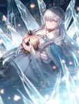  1girl anastasia_(fate/grand_order) bangs blue_eyes blue_robe cape crown doll dress fate/grand_order fate_(series) hair_over_one_eye hairband highres holding holding_doll ice jewelry long_hair looking_at_viewer mini_crown moe_(hamhamham) royal_robe silver_hair solo very_long_hair 