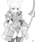  1girl animal_ears armor blush_stickers boobplate closed_mouth cowboy_shot eyebrows_visible_through_hair faulds gauntlets greyscale highres kemono_friends leotard looking_at_viewer monochrome pauldrons polearm rhinoceros_ears signature simple_background smile solo standing thigh-highs weapon white_background white_rhinoceros_(kemono_friends) yang-do 
