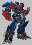  absurdres blue_eyes clenched_hand contrapposto full_body grey_background hand_up highres legs_apart mecha no_humans optimus_prime simple_background solo standing transformers yang-do 