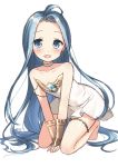  1girl :d absurdly_long_hair ahoge arm_support armlet barefoot blue_eyes blue_hair blush bridal_gauntlets choker collarbone dress eyebrows_visible_through_hair full_body granblue_fantasy kneeling leaning_forward long_hair looking_at_viewer lyria_(granblue_fantasy) masuishi_kinoto open_mouth short_dress simple_background sleeveless sleeveless_dress smile solo strapless strapless_dress thighlet very_long_hair white_background white_dress 