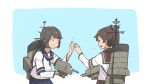  &gt;:d 2girls aqua_background black_hair breath brown_hair cannon closed_eyes from_behind grin kantai_collection long_hair long_sleeves miyuki_(kantai_collection) multiple_girls neck_ribbon ponytail ribbon rigging sailor_collar school_uniform serafuku shikinami_(kantai_collection) short_hair smile two-tone_background upper_body wachi_(hati1186) white_background 