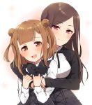  2girls :d absurdres bangs beatrice_(princess_principal) black_bow black_dress black_jacket blush bow brown_eyes brown_hair dorothy_(princess_principal) double_bun dress eyebrows_visible_through_hair highres hug hug_from_behind jacket long_hair multiple_girls open_mouth princess_principal shirt side_bun smile sorimachi-doufu upper_teeth violet_eyes white_shirt 