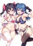  2girls :d :p armband armpits ayuma_sayu bare_shoulders black_bra black_gloves black_hair black_legwear black_panties blue_bow blue_hair blush bow bra breasts brown_eyes choker commentary_request earrings fang garter_belt gloves hair_bow hand_up interlocked_fingers jewelry large_breasts lingerie long_hair looking_at_viewer love_live! love_live!_school_idol_project multiple_girls navel no_shoes one_side_up open_mouth panties red_bow side-tie_panties simple_background small_breasts smile standing standing_on_one_leg thigh-highs tongue tongue_out tsushima_yoshiko twintails underwear violet_eyes w white_background white_gloves white_legwear white_panties yazawa_nico 